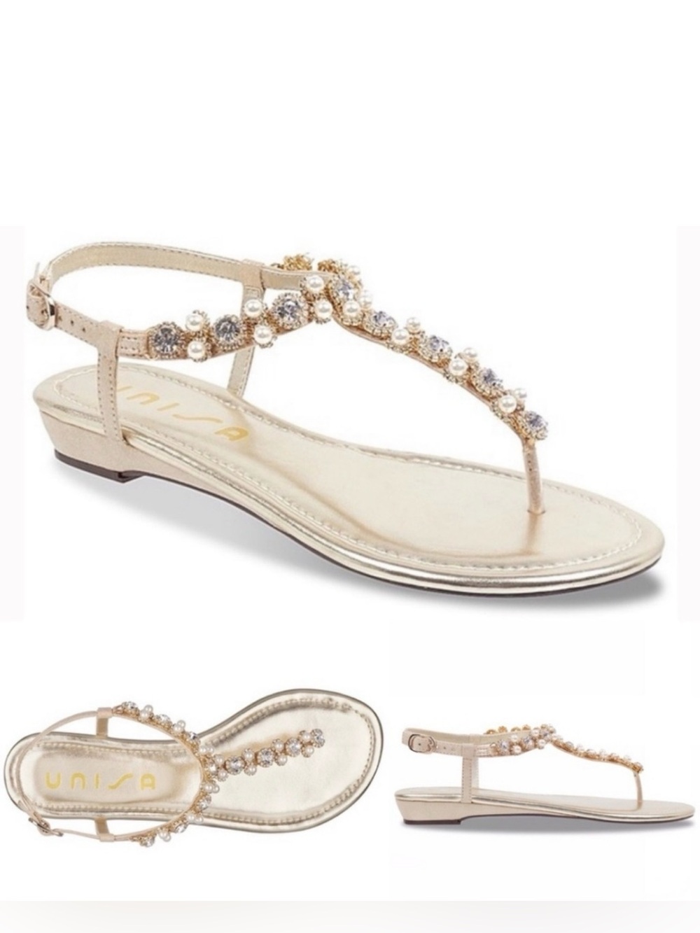 Unisa Liybo Metallic Gold Rhinestone and Pearl Jeweled T-Strap Thong Sandals, 7